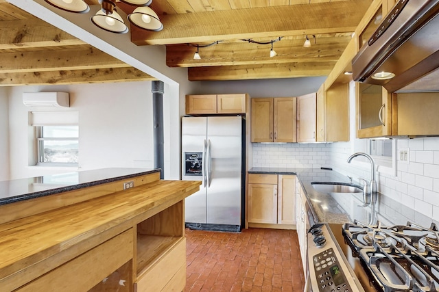 kitchen featuring sink, appliances with stainless steel finishes, backsplash, exhaust hood, and beamed ceiling