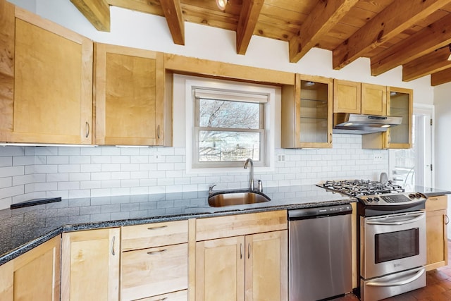 kitchen featuring tasteful backsplash, sink, stainless steel appliances, light brown cabinets, and beam ceiling