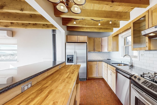 kitchen featuring butcher block countertops, beam ceiling, stainless steel appliances, and backsplash