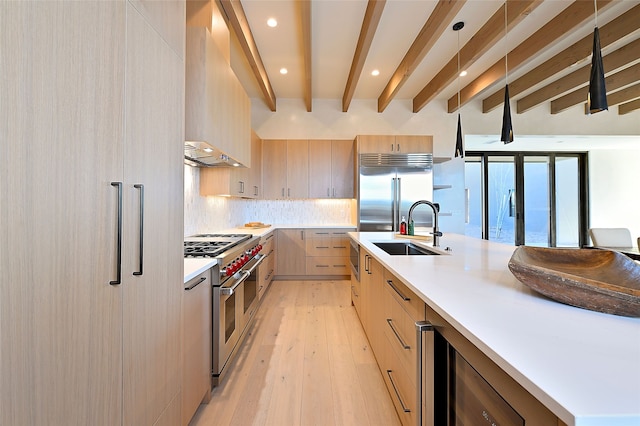 kitchen featuring sink, tasteful backsplash, light brown cabinets, light wood-type flooring, and high quality appliances