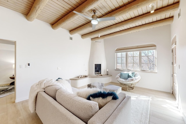 living room featuring ceiling fan, wooden ceiling, beam ceiling, and light hardwood / wood-style floors