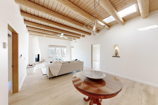 living room with beamed ceiling, light hardwood / wood-style floors, and wooden ceiling