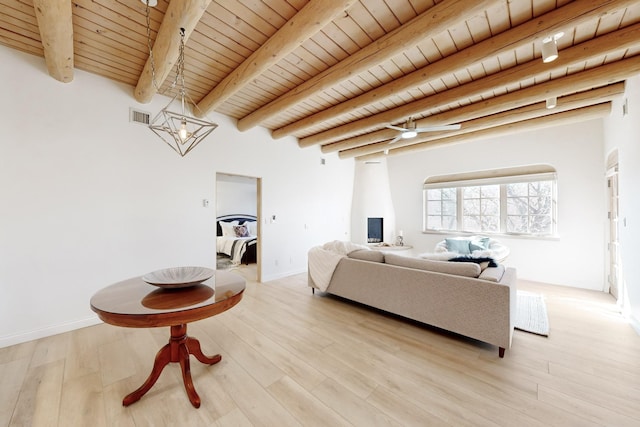 living room featuring wood ceiling, light hardwood / wood-style floors, and beamed ceiling