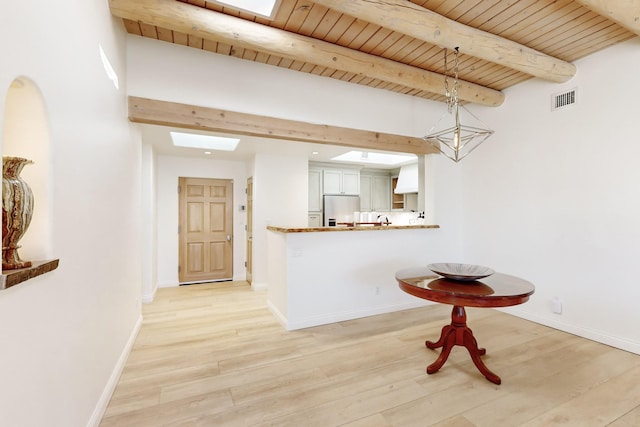 interior space with light hardwood / wood-style flooring, wooden ceiling, beam ceiling, and a skylight