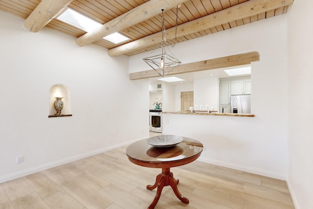 room details featuring wood ceiling, range, hardwood / wood-style floors, built in fridge, and beamed ceiling