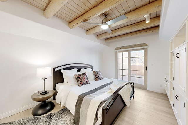 bedroom featuring wood ceiling, ceiling fan, beam ceiling, and light wood-type flooring