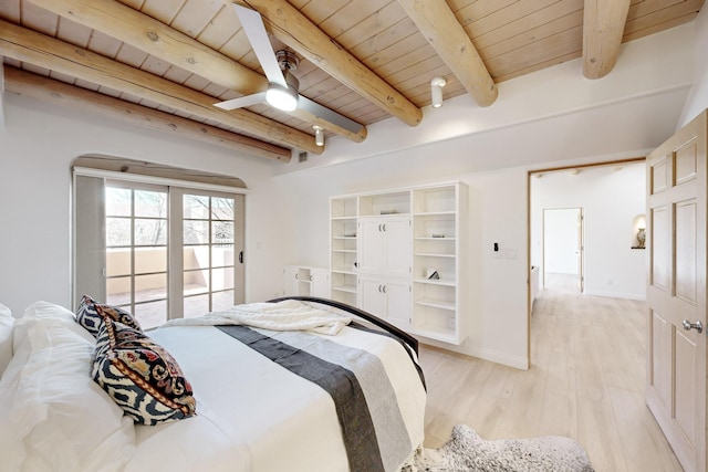 bedroom featuring wood ceiling, ceiling fan, light hardwood / wood-style floors, and beamed ceiling