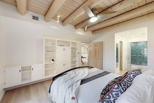 bedroom with beamed ceiling, light wood-type flooring, wooden ceiling, and ceiling fan