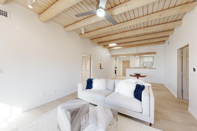 living room featuring ceiling fan, wood ceiling, light hardwood / wood-style flooring, and beamed ceiling