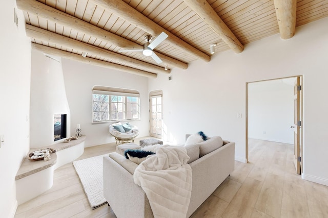 living room with a fireplace, ceiling fan, light hardwood / wood-style floors, wooden ceiling, and beam ceiling