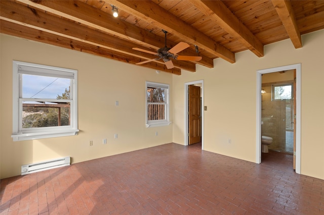 unfurnished room featuring a baseboard heating unit, beam ceiling, wooden ceiling, and ceiling fan