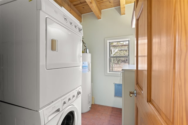 laundry room with water heater, wood ceiling, and stacked washer and clothes dryer