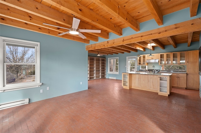 kitchen with pendant lighting, ceiling fan, light brown cabinets, wooden ceiling, and beam ceiling