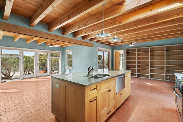 kitchen featuring sink, light stone counters, an island with sink, decorative light fixtures, and wooden ceiling