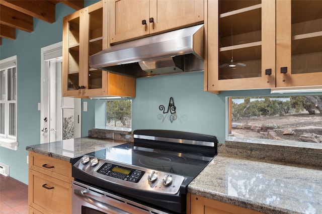 kitchen featuring electric stove and light stone counters