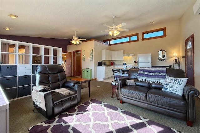 carpeted living room featuring ceiling fan, lofted ceiling, a textured ceiling, and an AC wall unit