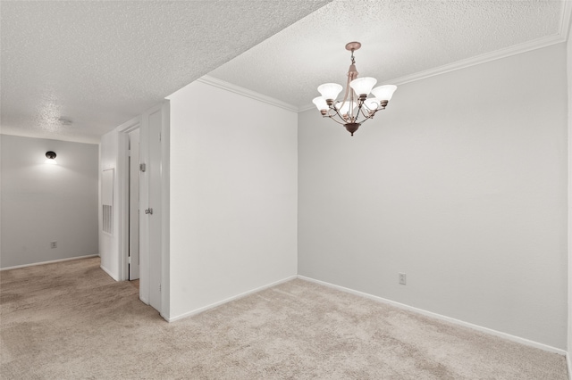 unfurnished room featuring a notable chandelier, ornamental molding, light colored carpet, and a textured ceiling