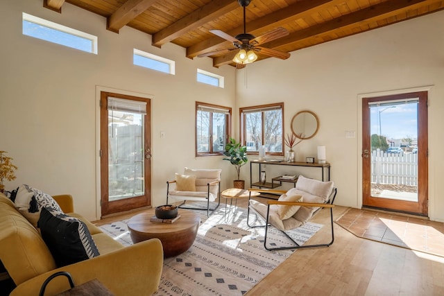 sitting room with a healthy amount of sunlight, wooden ceiling, and beam ceiling