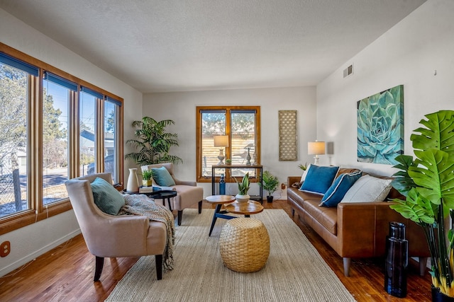 living area featuring hardwood / wood-style flooring and a textured ceiling