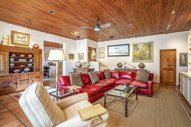 tiled living room featuring wood ceiling, ceiling fan, and rail lighting