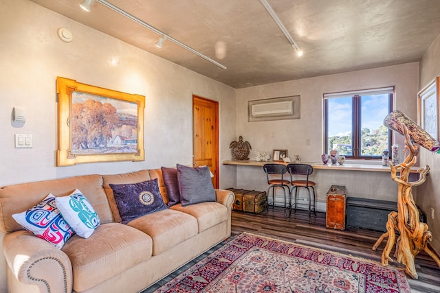 living room featuring hardwood / wood-style flooring and rail lighting