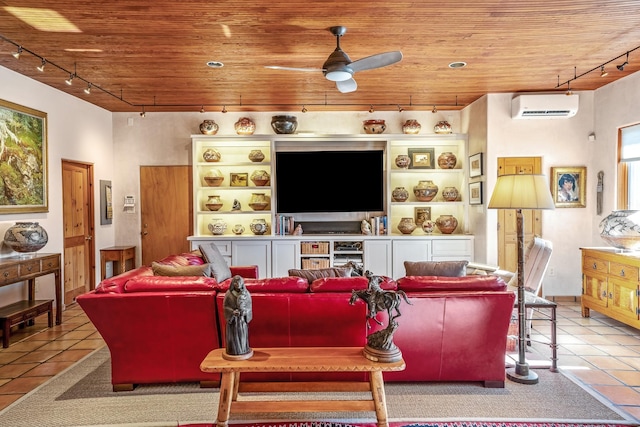 living room featuring a wall mounted AC, wood ceiling, and light tile patterned floors