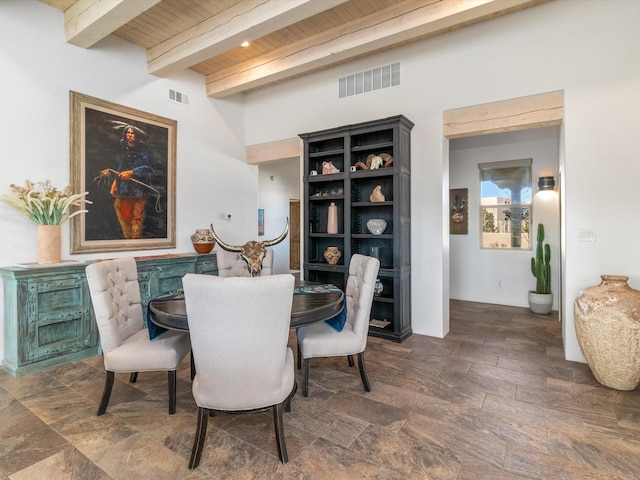 dining area featuring wood ceiling and beam ceiling