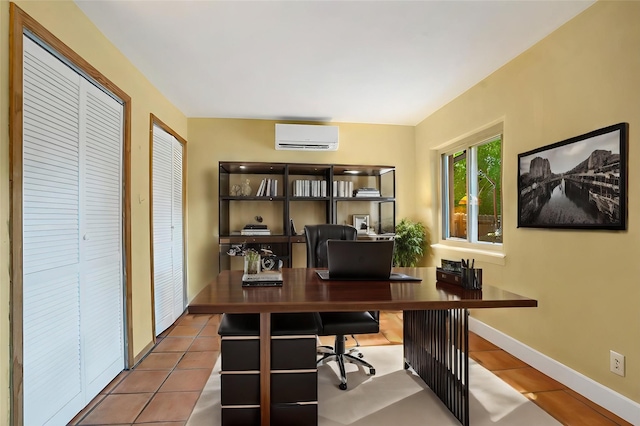 tiled home office with a wall mounted air conditioner