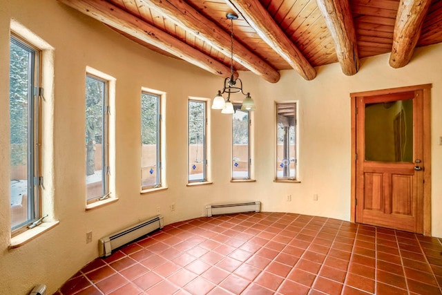 spare room with wood ceiling, a baseboard radiator, and beamed ceiling