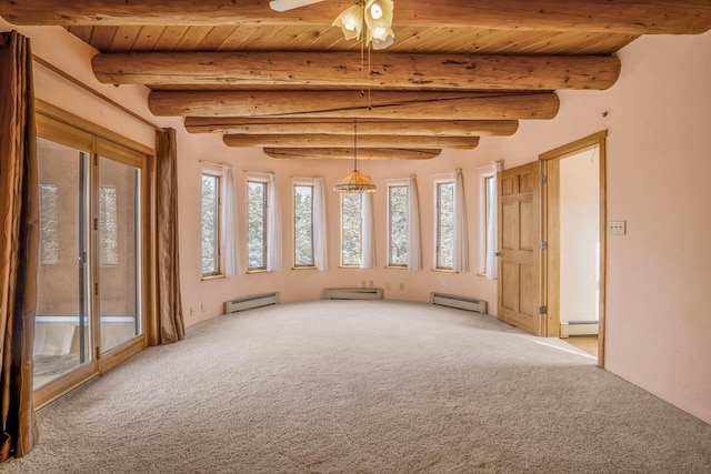 empty room featuring baseboard heating, light carpet, and wooden ceiling