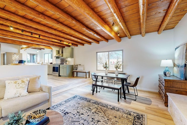 living room featuring sink, light hardwood / wood-style flooring, wooden ceiling, and beamed ceiling