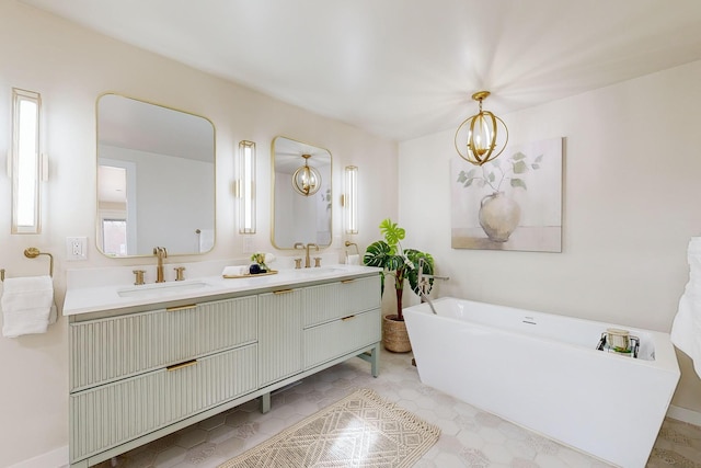 bathroom featuring vanity, a tub to relax in, and an inviting chandelier