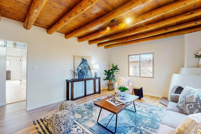 living room with beam ceiling, wood ceiling, and light hardwood / wood-style flooring