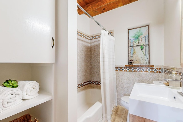 full bathroom featuring shower / tub combo with curtain, wood ceiling, hardwood / wood-style flooring, tile walls, and toilet