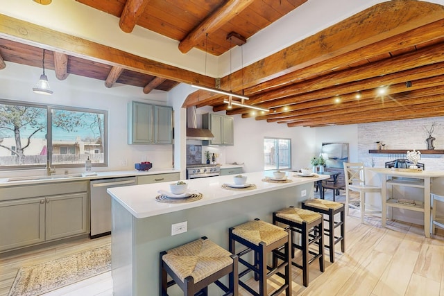 kitchen featuring pendant lighting, stainless steel appliances, a center island, and wooden ceiling