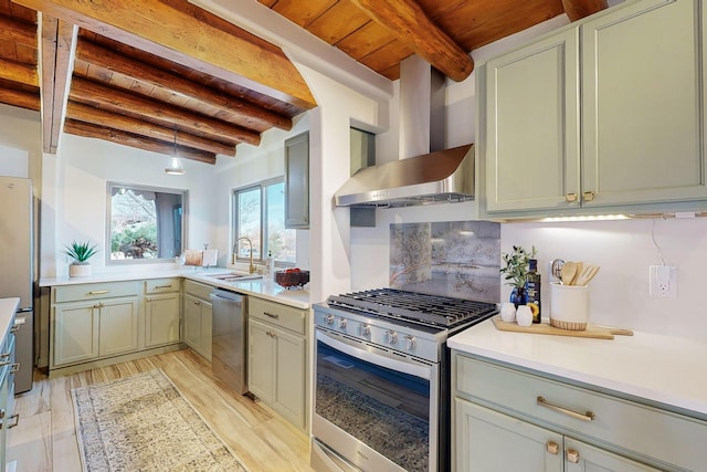 kitchen with sink, wooden ceiling, wall chimney exhaust hood, and appliances with stainless steel finishes