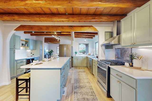 kitchen with sink, a center island, stainless steel appliances, wooden ceiling, and wall chimney exhaust hood