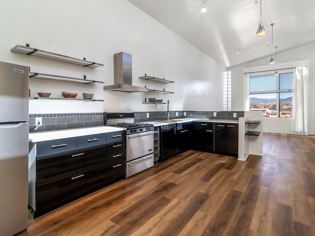 kitchen with open shelves, stainless steel appliances, vaulted ceiling, dark cabinets, and exhaust hood