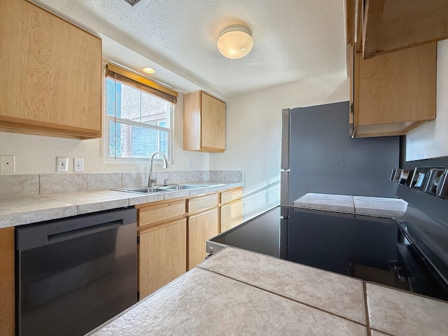 kitchen with range with electric cooktop, tile countertops, light brown cabinetry, black dishwasher, and sink