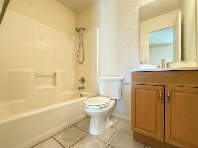 full bathroom with tile patterned flooring, bathing tub / shower combination, vanity, and toilet