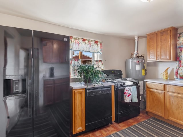 kitchen with black appliances and water heater