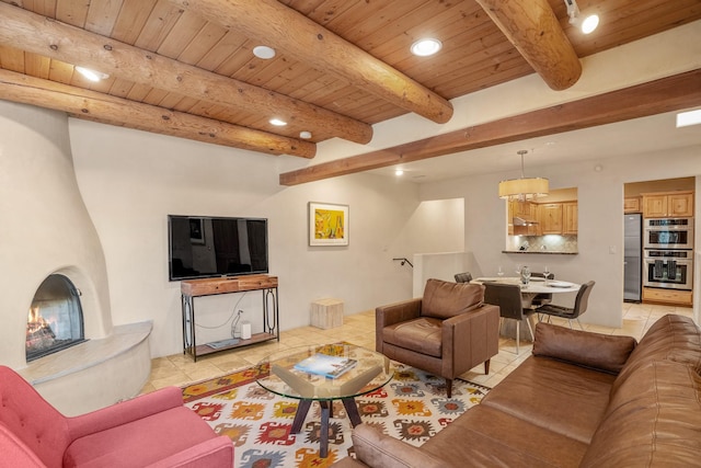 tiled living room with wooden ceiling and beam ceiling