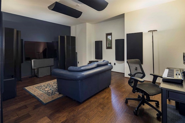 interior space with ceiling fan and wood finished floors