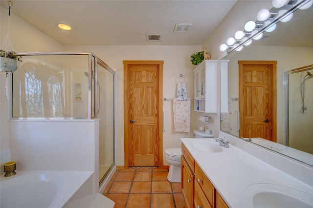 full bathroom with toilet, separate shower and tub, a textured ceiling, vanity, and tile patterned flooring