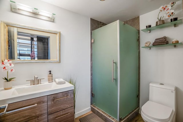 bathroom featuring vanity, toilet, and a shower with door