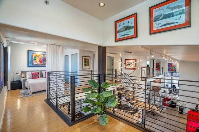 hall featuring wood-type flooring and rail lighting