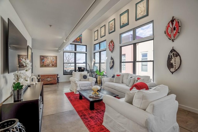 living room with rail lighting, concrete floors, and a high ceiling