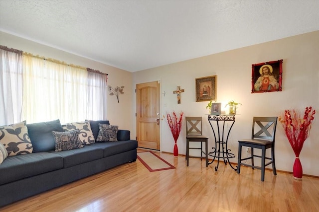 living room featuring hardwood / wood-style flooring and a textured ceiling