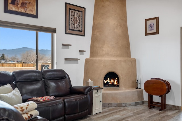 living room featuring a high end fireplace, a mountain view, and light hardwood / wood-style floors