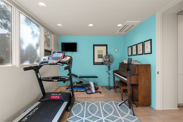 workout area featuring light hardwood / wood-style flooring